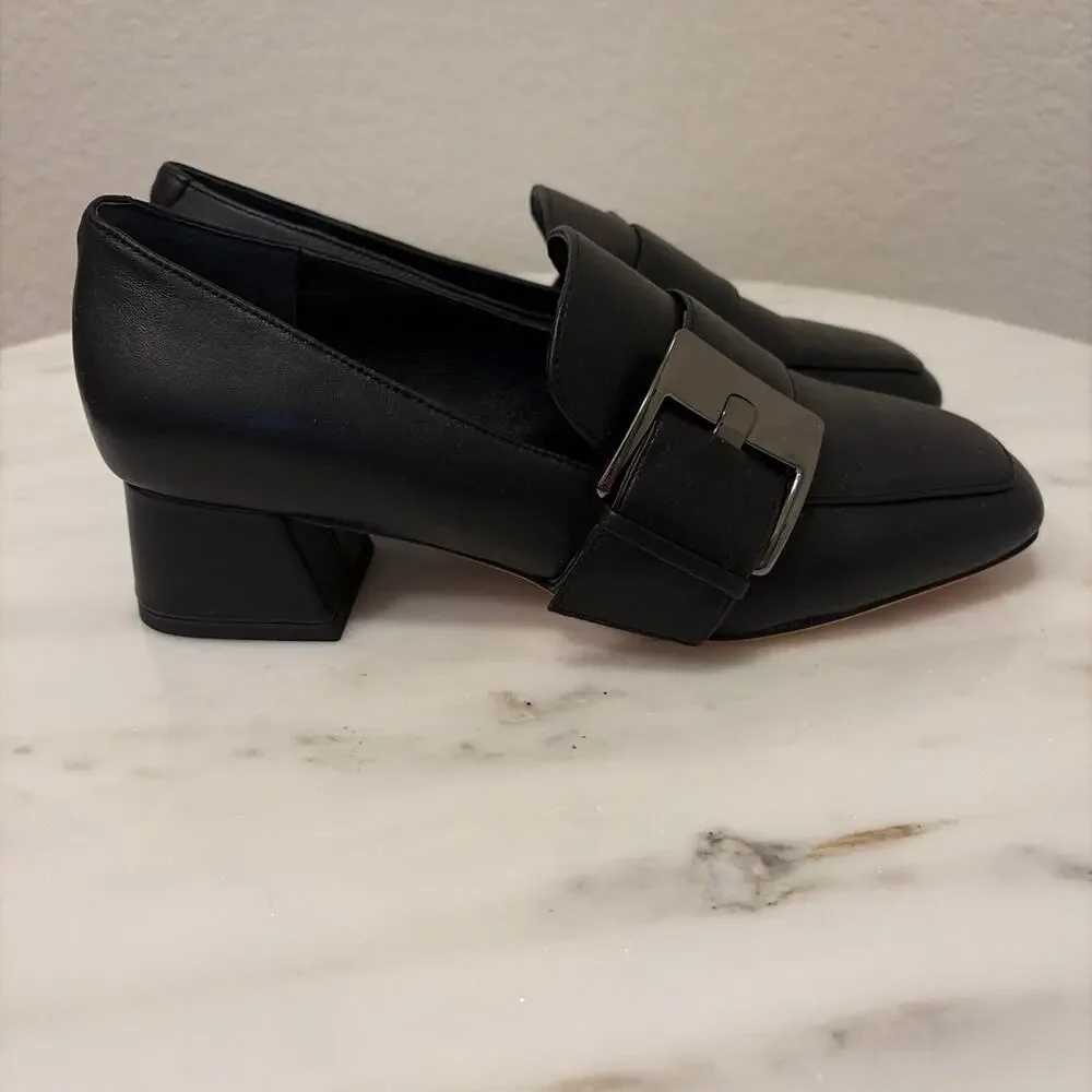 Deltan Veronica Black Leather Block Heel Pump
